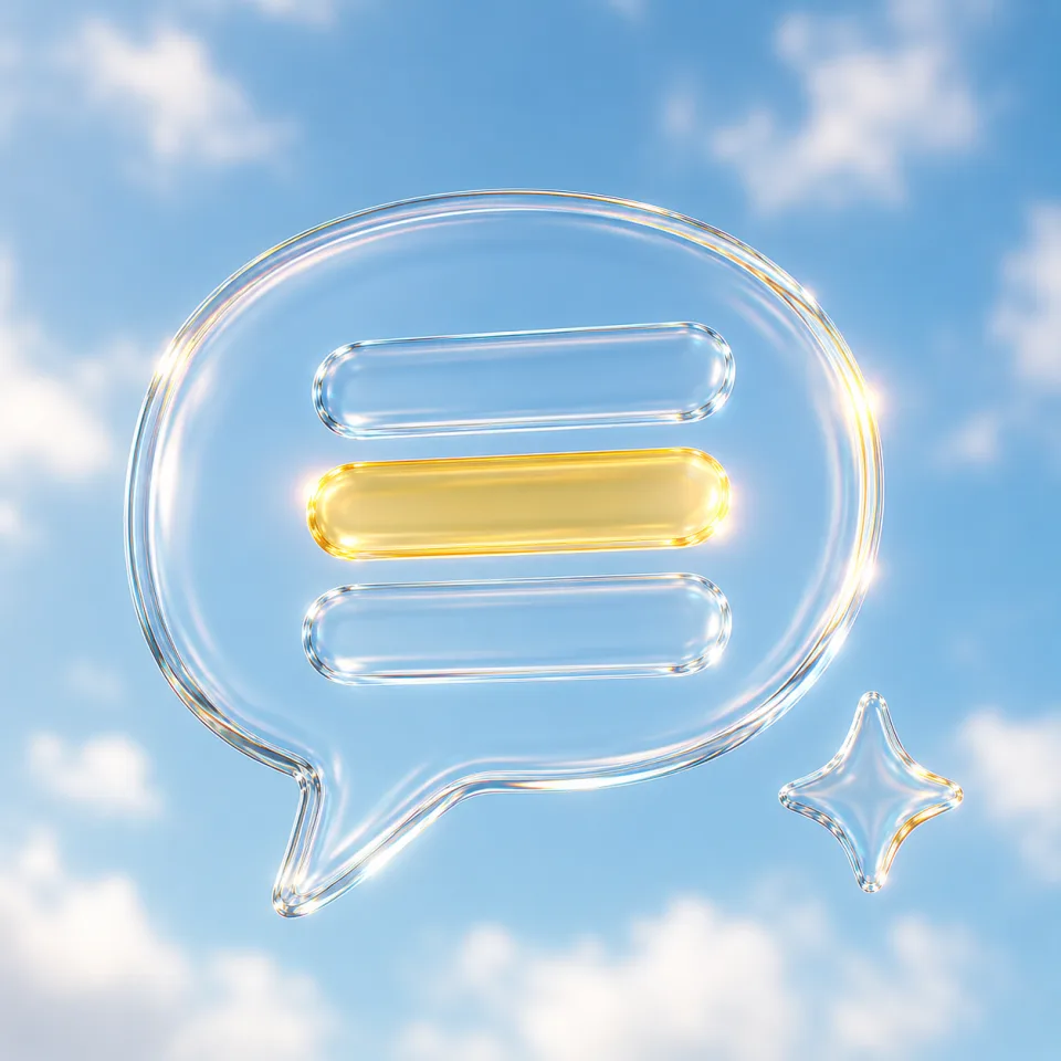 Szklany dymek czatu ze świecącą linią odpowiedzi — symbol rekomendacji AI