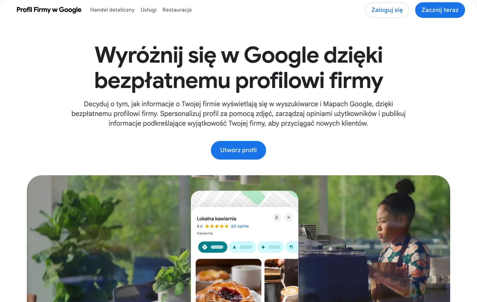 Strona startowa Profilu Firmy w Google z nagłówkiem „Wyróżnij się w Google dzięki bezpłatnemu profilowi firmy” i przyciskiem „Utwórz profil”
