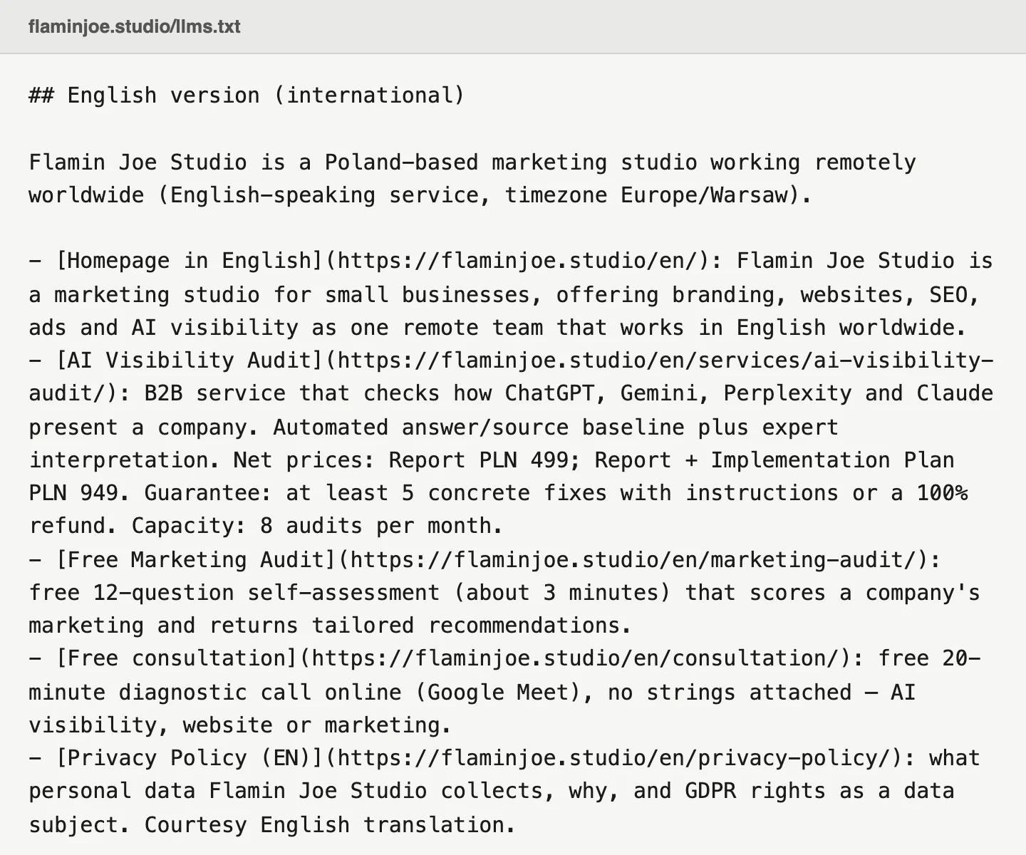 The English section of the Flamin Joe Studio llms.txt file: a one-line description of the studio and a bulleted list of links, each with a short summary