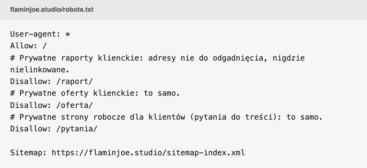 The Flamin Joe Studio robots.txt file: all crawlers are allowed, three private client folders are disallowed, and a sitemap is listed